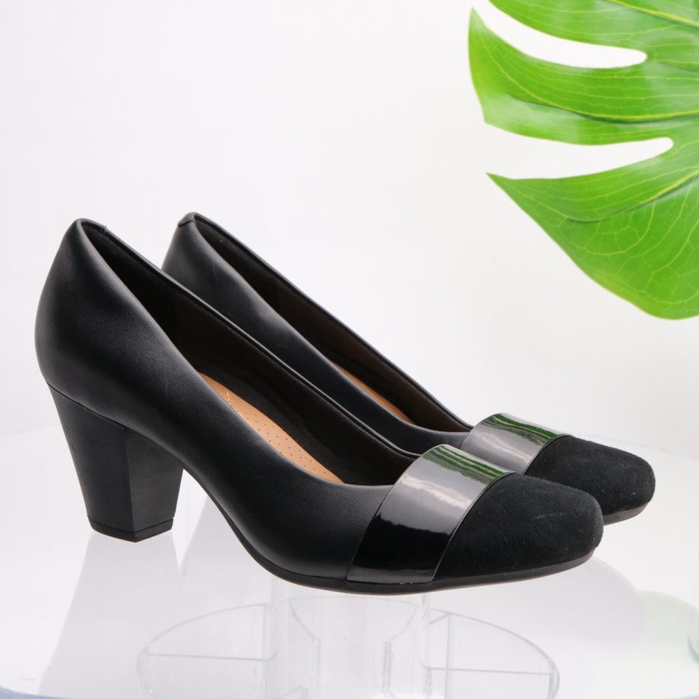 Clarks Collection Tarah Brae Pump Women 10 Black Leather Suede Toe Classic Comfy